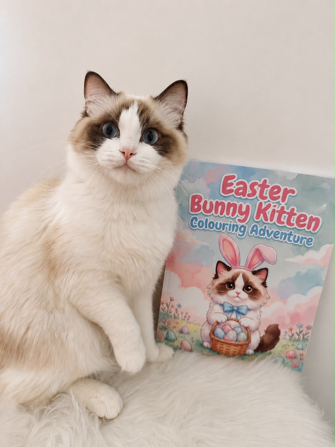 Flossy with her custom Easter Bunny Kitten colouring book