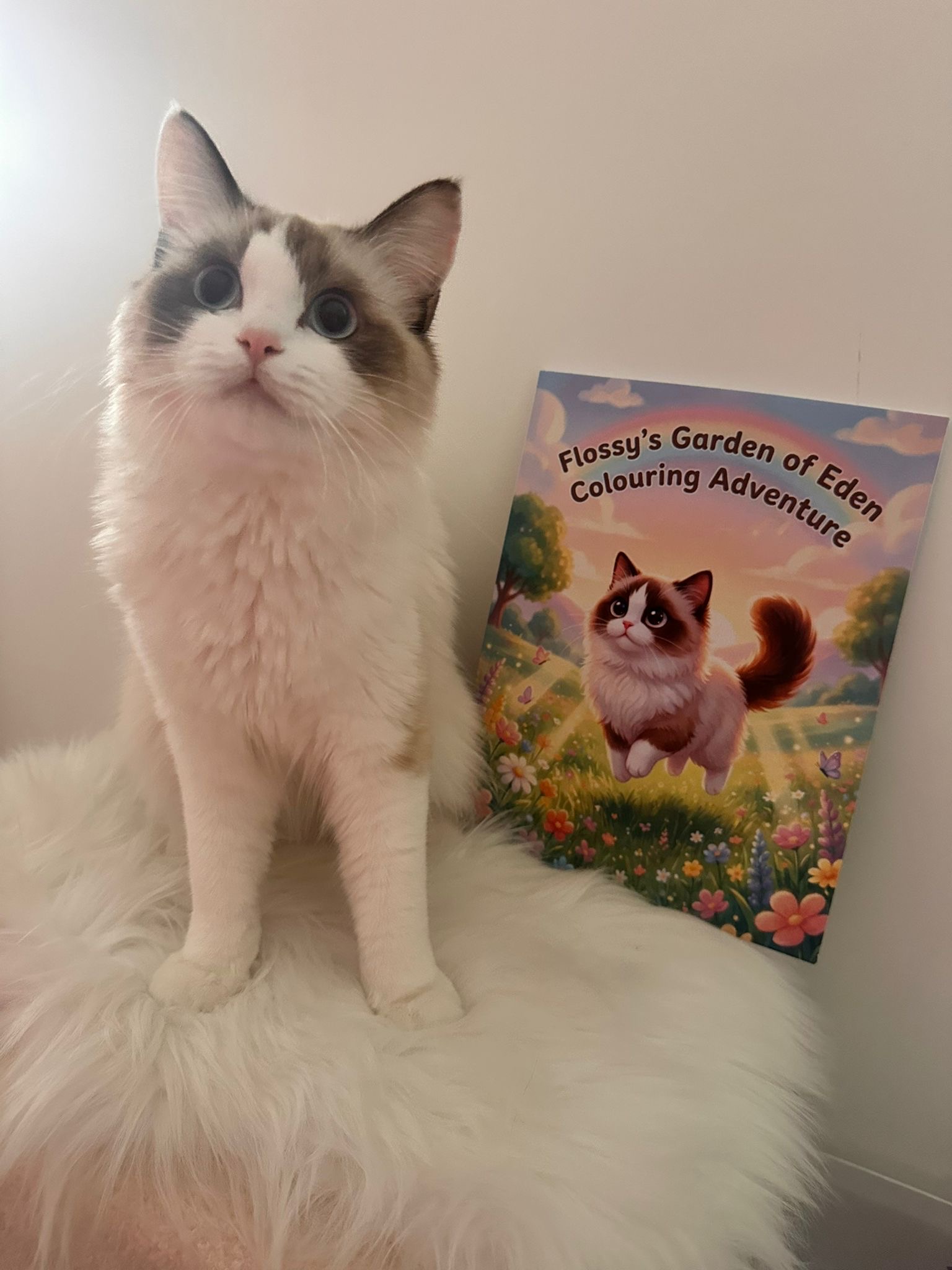 Flossy the Ragdoll cat beside her personalised colouring book